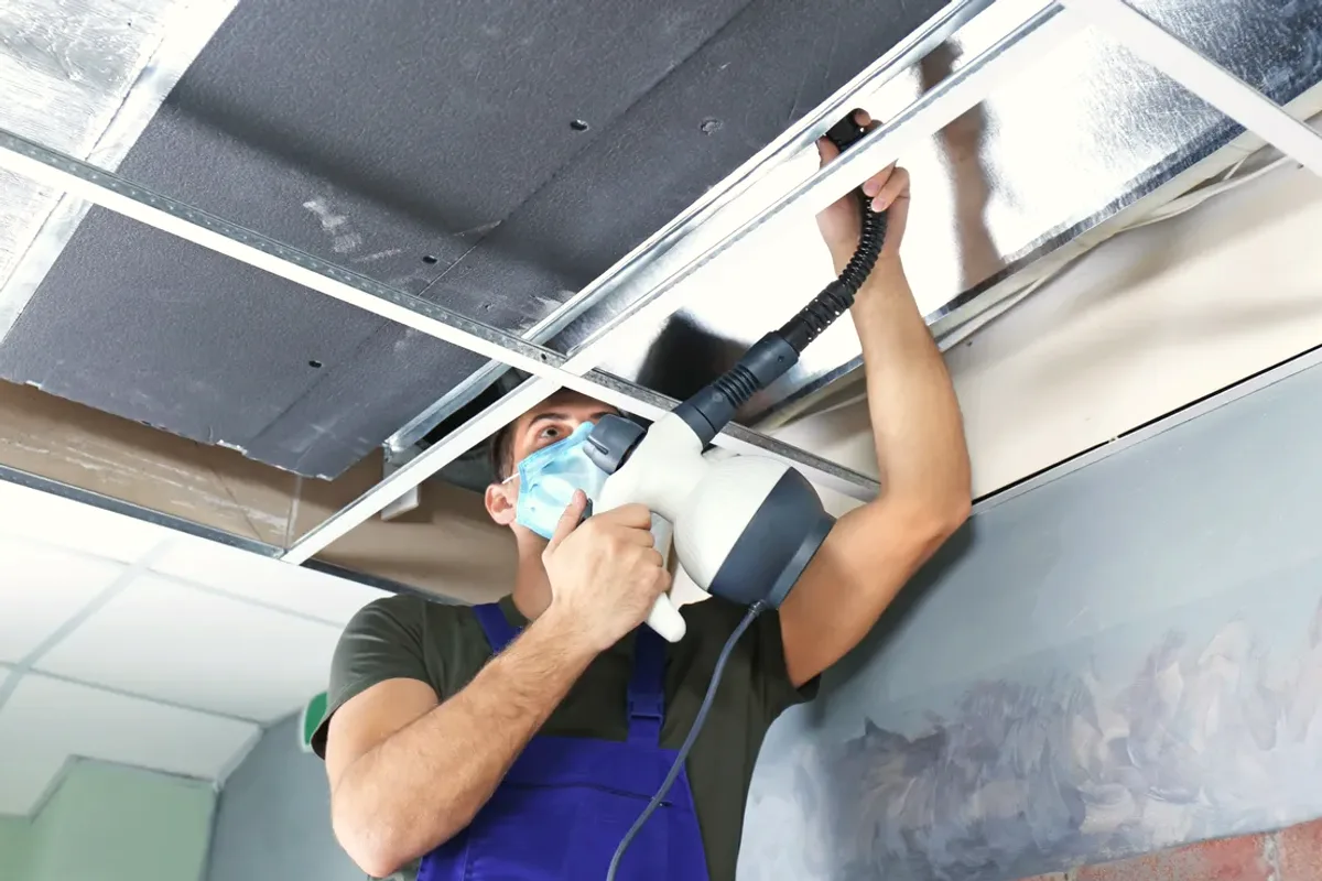 Worker in a mask cleaning a ceiling air duct with a handheld tool